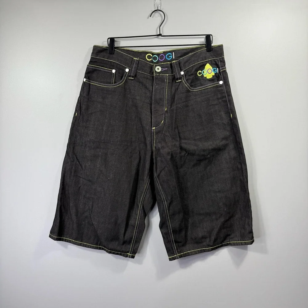 Coogi Shorts Mens 36 Black Denim Bermuda Colorful Embroidered Feather Graphic